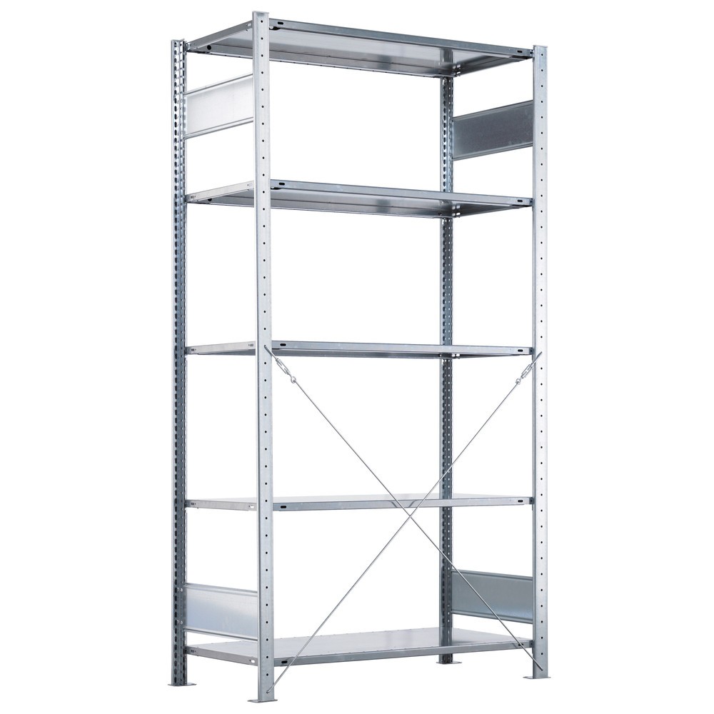 Image of Robustes Fachbodenregal – bereit für einfachen Aufbau per Steckmontage Regalsysteme für Industrie und Handel müssen vielseitig, robust und flexibel ausbaubar sein – wie dieses verzinkte Grundfeld des Fachbodenregals SCHULTE mit 330 kg Fachlast. Per Steckm