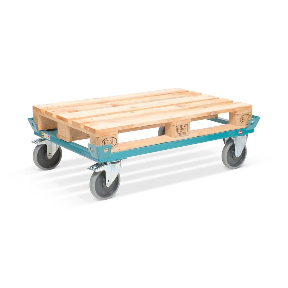 Image of Fahrgestell für Europaletten oder Gitterboxen Dank der Schweisskonstruktion aus pulverbeschichtetem Stahl verfügt das Fahrgestell Ameise®, mit Fangecken über eine hohe Tragkraft. Es eignet sich für Europaletten oder Gitterboxen und ist mit Fangecken mit B