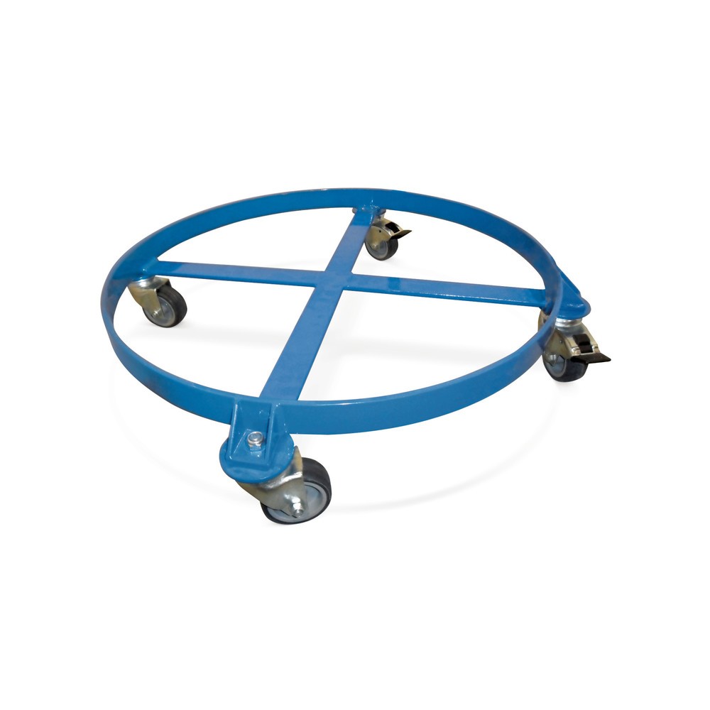 Image of Fassroller BASIC aus pulverbeschichtetem Stahl Dieser enzianblaue Fassroller mit offenem Boden ermöglicht den sicheren und einfachen Transport stehender 200-/220-Liter-Fässer aus Stahl oder Kunststoff. Der Roller verfügt über 4 Lenkrollen, 2 davon mit Fes