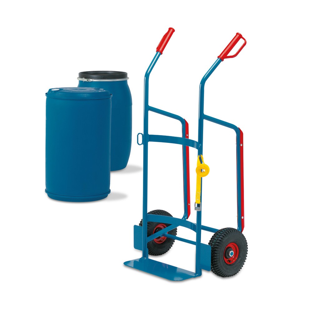 Image of Fasst Fässer sicher und einfach bis zu 220 l Dieser Fasstransporter von fetra® ist mit vielem ausgestattet, was den Transport von Fässern erleichtert. Angefangen bei den Querstreben, die halbrund gebogen sind, um eine gute Auflagefläche für die Fässer zu 