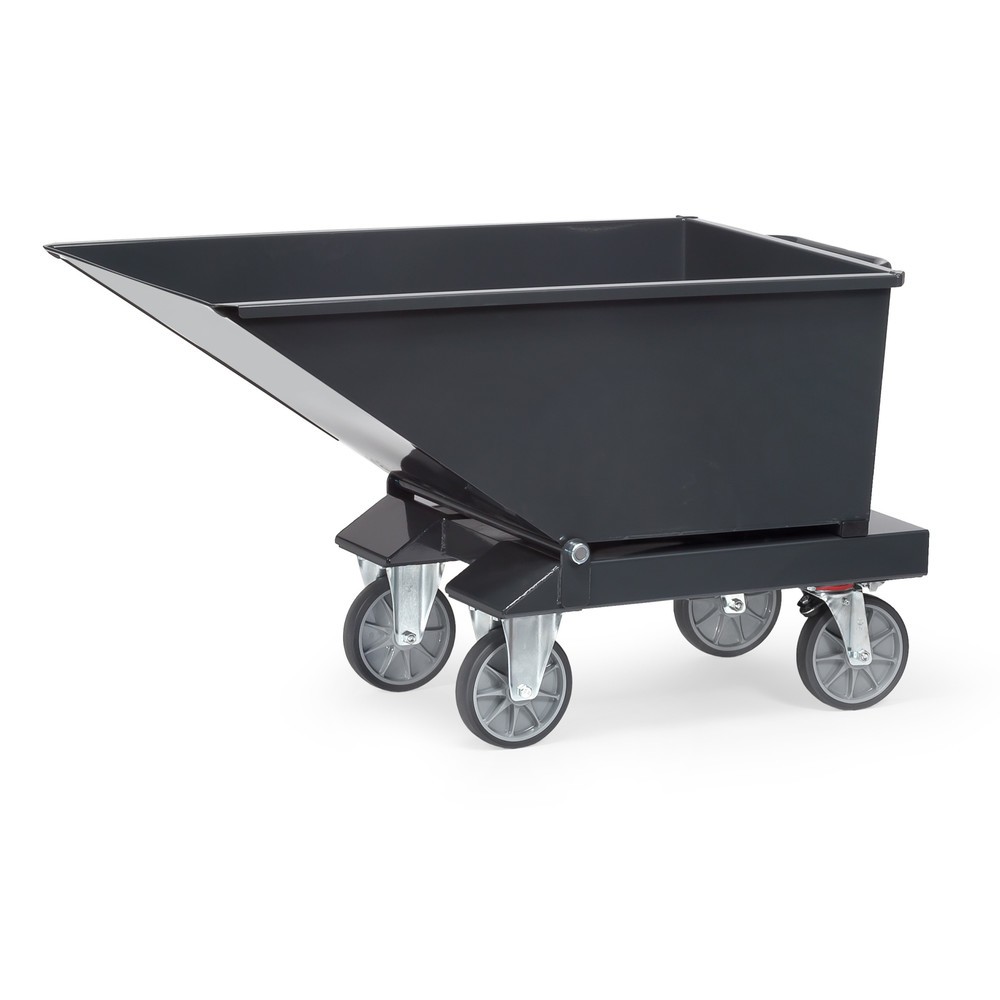 Image of Einfach zu bedienen, mit viel Volumen und leicht zu fahren, ein echtes Multitalent Verfahren Sie Schüttgüter, Industrieabfälle und Massenteile einfach mit dem Muldenkipper von fetra® mit den Rollen oder benutzen Sie den Stapler. Denn der Muldenkipper fetr