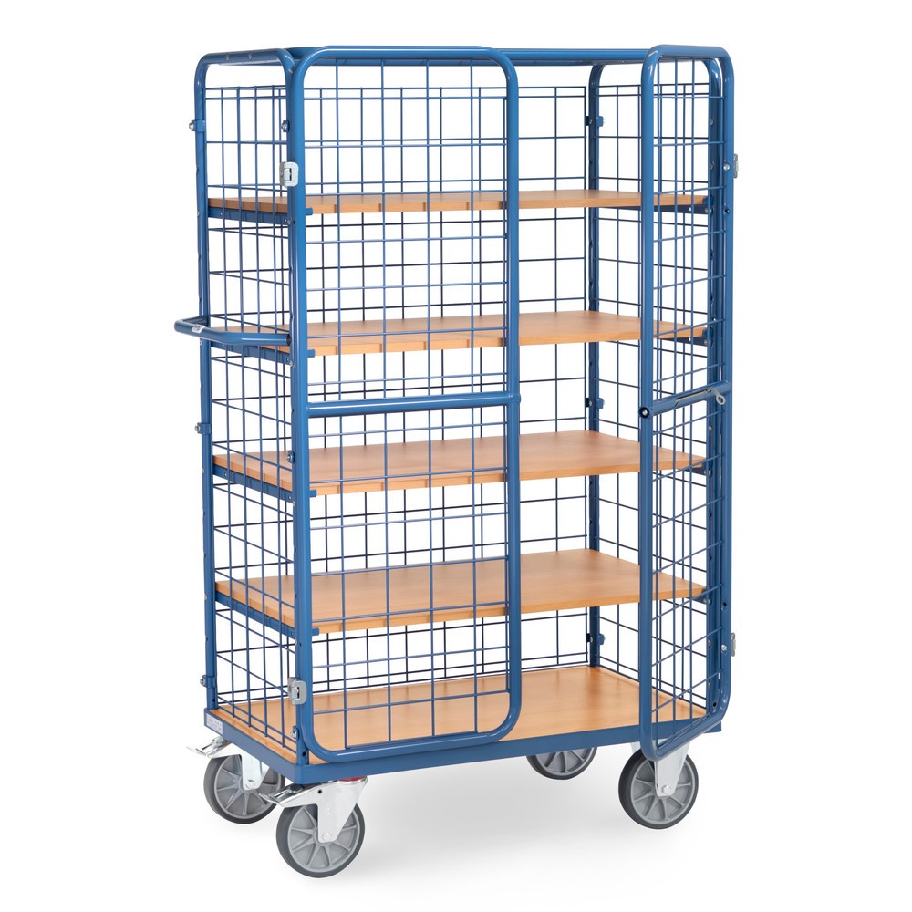 Image of Mit Gitterwänden und Doppelflügeltür für sichere Waren- und Gütertransporte bis 600 kg: der fetra® Schrankwagen Ob beim Kommissionieren von Kleinteilen, Bestücken von Supermarkt-Regalen oder Weiterverarbeiten von Paketen in der Poststelle: Der fetra® Schr