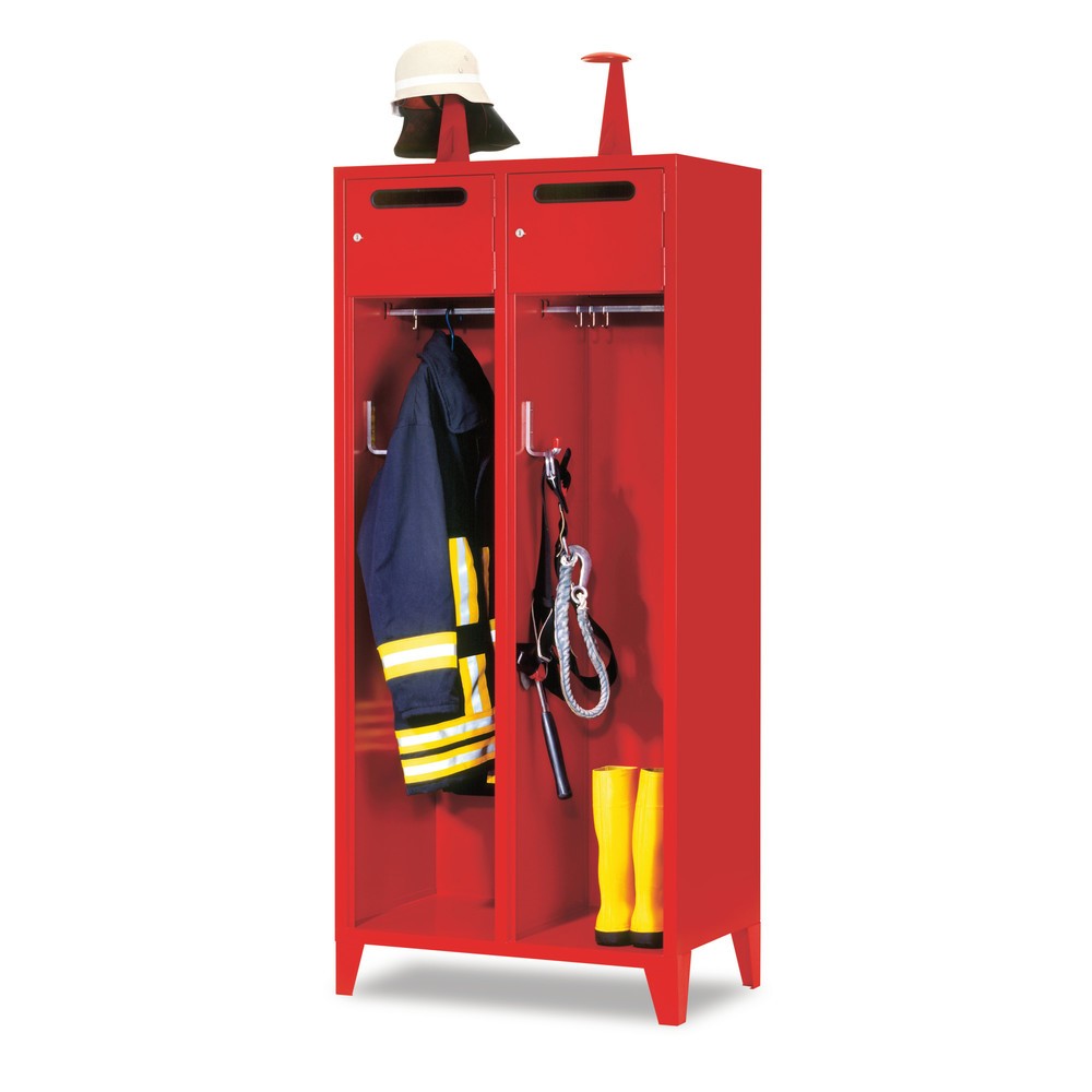 Image of  Masse H x B x T mm: 1850 x 1630 x 500; Farbe: Feuerwehrrot RAL 3000Feuerwehrschrank PAVOY mit Füssen + Fach, HxBxT 1.850 x 1.630 x 500 mm Feuerwehrschrank PAVOY mit Füssen + Fach, HxBxT 1.850 x 1.630 x 500 mm