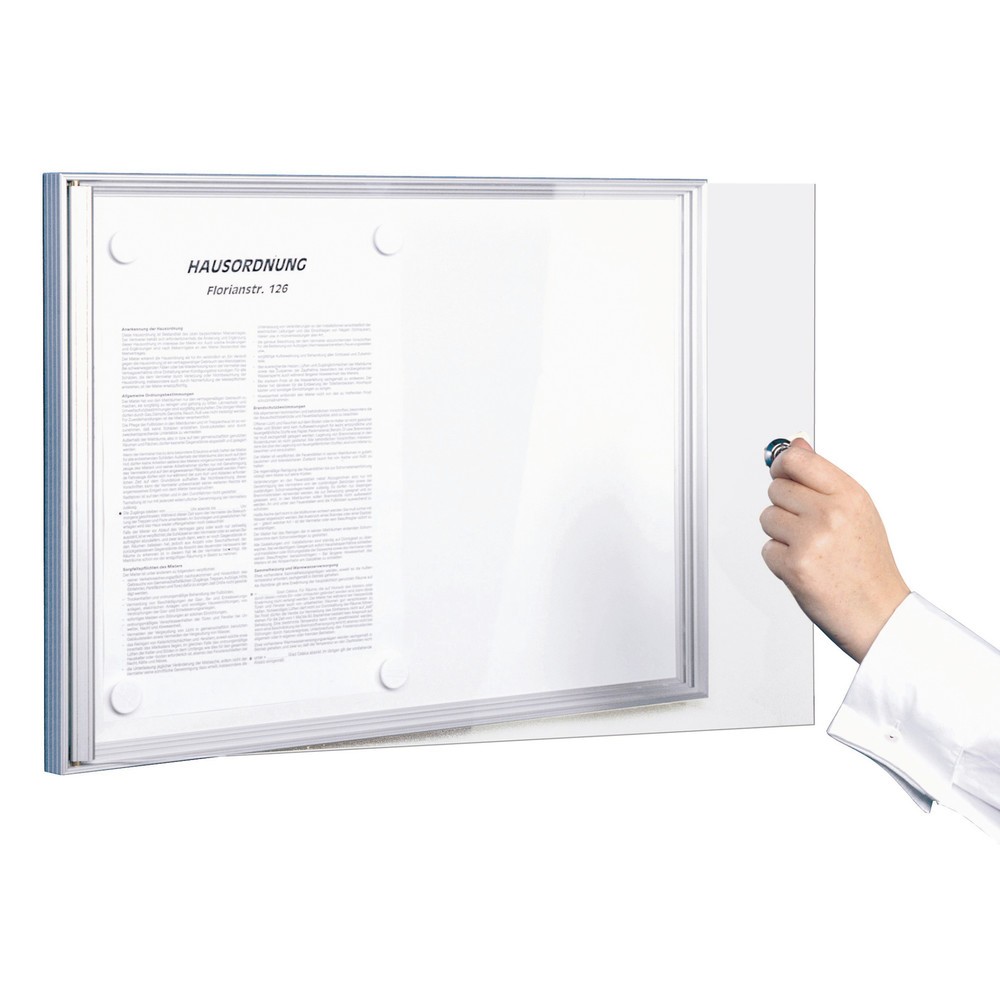 Image of Zur sicheren Unterbringung Ihrer aushangpflichtigen Dauerinformationen, gesetzlichen Arbeits- und Schutzvorschriften, Betriebsanweisungen und Hausordnungen, für 4 x DIN A4, mit Rahmenloser Glastür aus schlagfestem Acrylglas inkl. 2 Schlüssel, Alu-Rahmen m