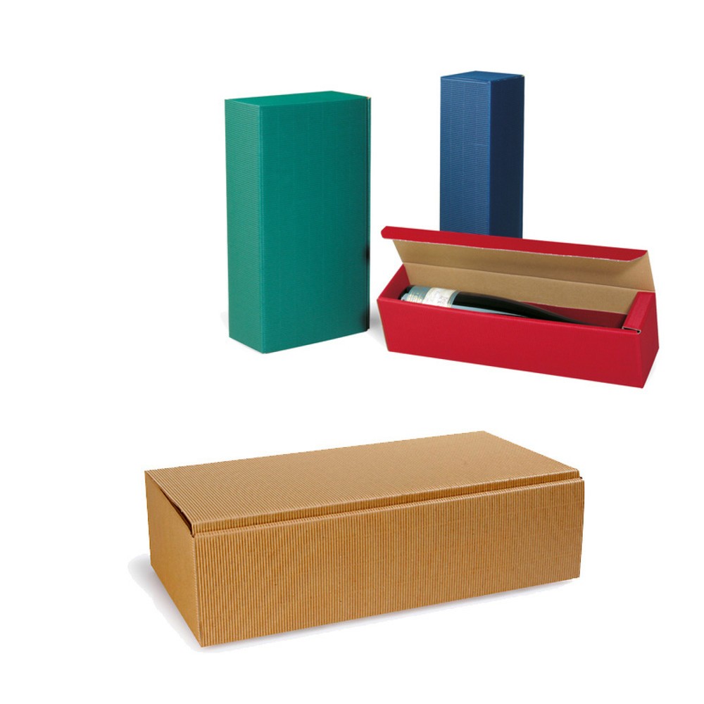 Image of  Eindrückbare Ecken zur Fixierung kurzer und schmaler FlaschenFlaschen-Präsentkarton 2er, 361 x 188 x 94 mm, natur, offene Welle Flaschen-Präsentkarton 2er, 361 x 188 x 94 mm, natur, offene Welle