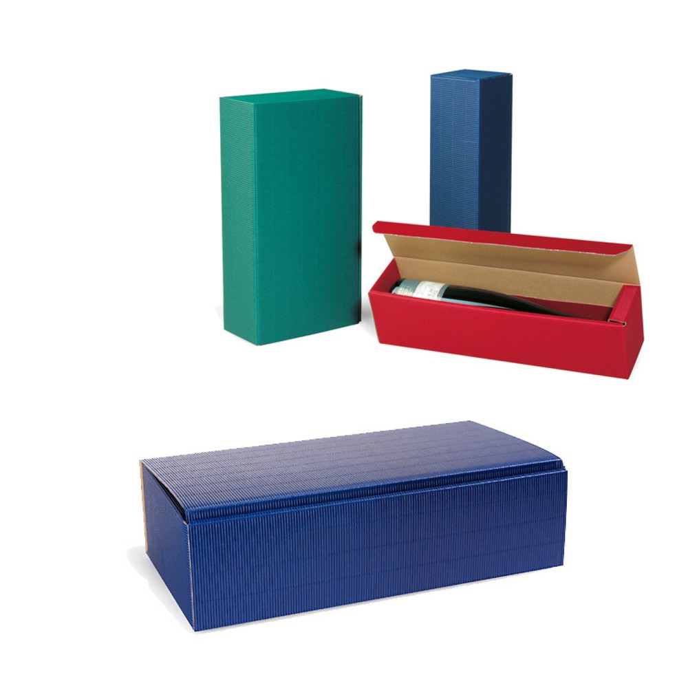 Image of  Eindrückbare Ecken zur Fixierung kurzer und schmaler FlaschenFlaschen-Präsentkarton 2er, 361 x 188 x 94 mm, saphirblau, offene Welle Flaschen-Präsentkarton 2er, 361 x 188 x 94 mm, saphirblau, offene Welle