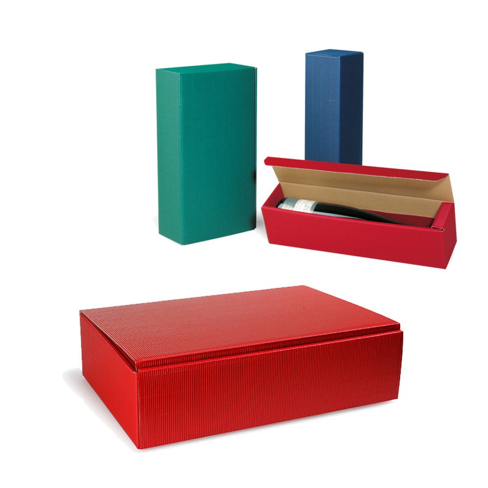 Image of  Eindrückbare Ecken zur Fixierung kurzer und schmaler FlaschenFlaschen-Präsentkarton 3er, 363 x 252 x 94 mm, bordeaux, offene Welle Flaschen-Präsentkarton 3er, 363 x 252 x 94 mm, bordeaux, offene Welle