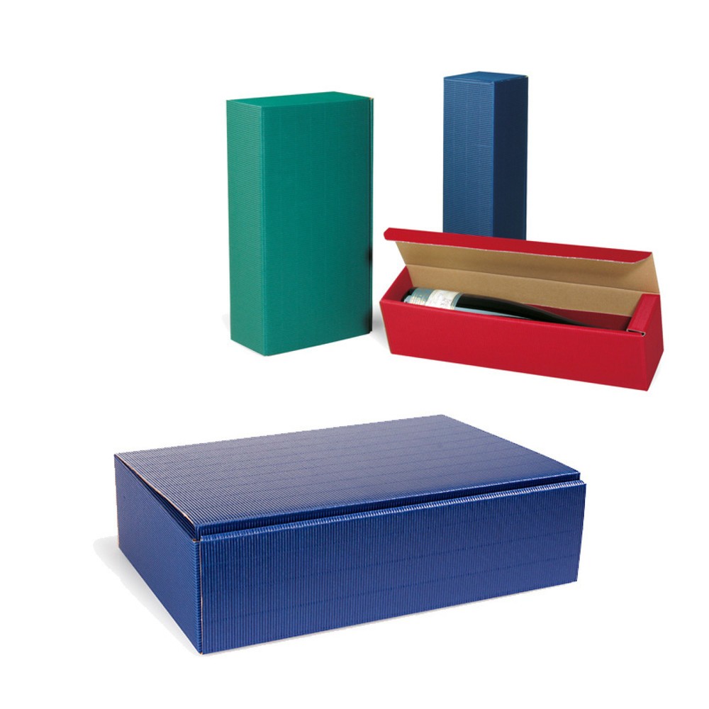 Image of  Eindrückbare Ecken zur Fixierung kurzer und schmaler FlaschenFlaschen-Präsentkarton 3er, 363 x 252 x 94 mm, saphirblau, offene Welle Flaschen-Präsentkarton 3er, 363 x 252 x 94 mm, saphirblau, offene Welle