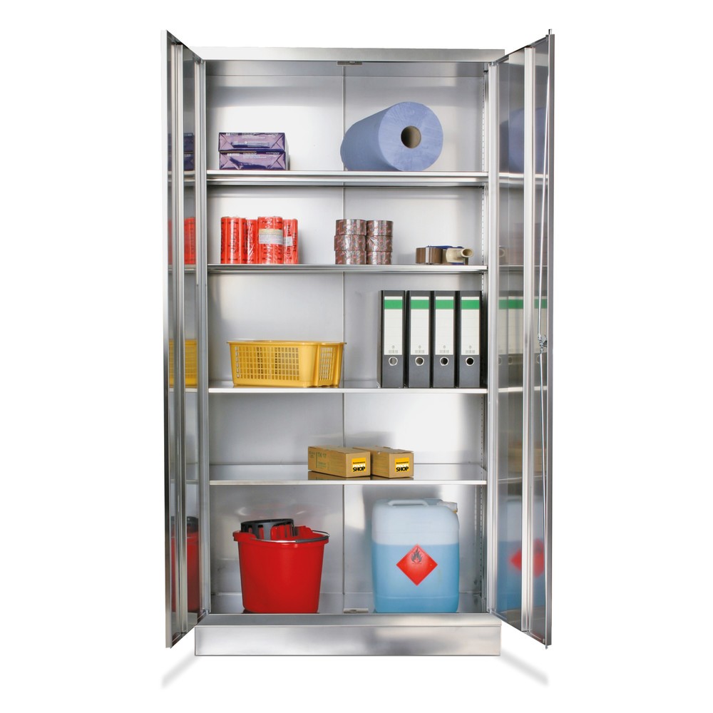 Image of Mit einem Flügeltürschrank aus Edelstahl auf alles vorbereitet Der Flügeltürschrank bietet genügend Stauraum für Akten, Bürobedarf und Arbeitsutensilien. Die Einsatzmöglichkeiten sind bei diesem Schrank besonders vielseitig. Der Lagerschrank ist aus einse