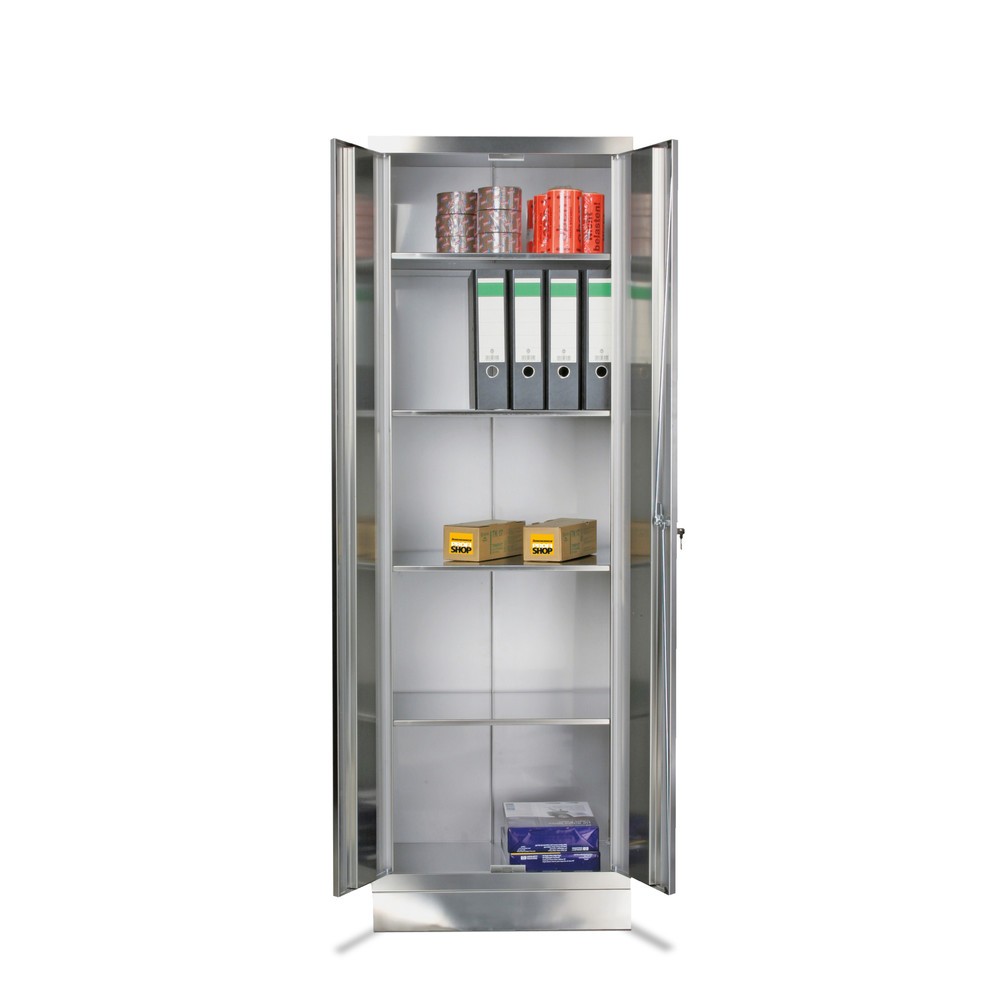 Image of Mit einem Flügeltürschrank aus Edelstahl auf alles vorbereitet Der Flügeltürschrank bietet genügend Stauraum für Akten, Bürobedarf und Arbeitsutensilien. Die Einsatzmöglichkeiten sind bei diesem Schrank besonders vielseitig. Der Lagerschrank ist aus einse