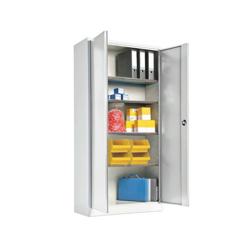 Image of Der Flügeltürschrank BASIC im 2er Set – stabil, tragfähig und langlebig Verstauen Sie wichtige Arbeitsunterlagen sicher: In diesem Büro- und Werkstattschrank aus geschweisstem Stahlblech lagern Sie Aktenordner oder auch Werkstattzubehör dauerhaft geschütz