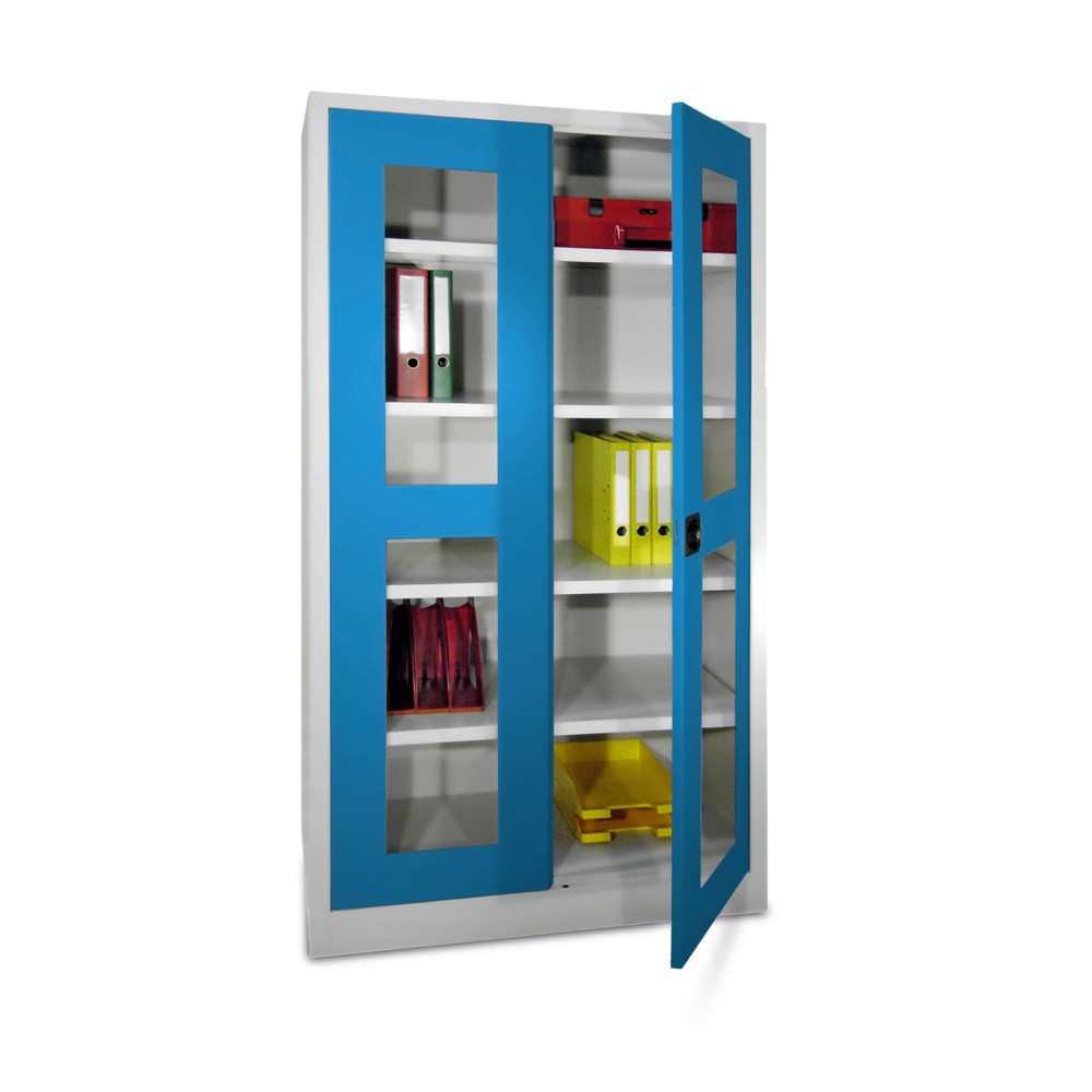 Image of Stabiler Flügeltürschrank von PAVOY mit Sichtfenstern Der Flügeltürenschrank für Werkstatt, Lager und Produktion hilft Ihnen Ordnung zu schaffen. Die 4 Böden lassen sich in einem 17-mm-Raster variabel einsetzen. Damit können Sie den Sichtfensterschrank op