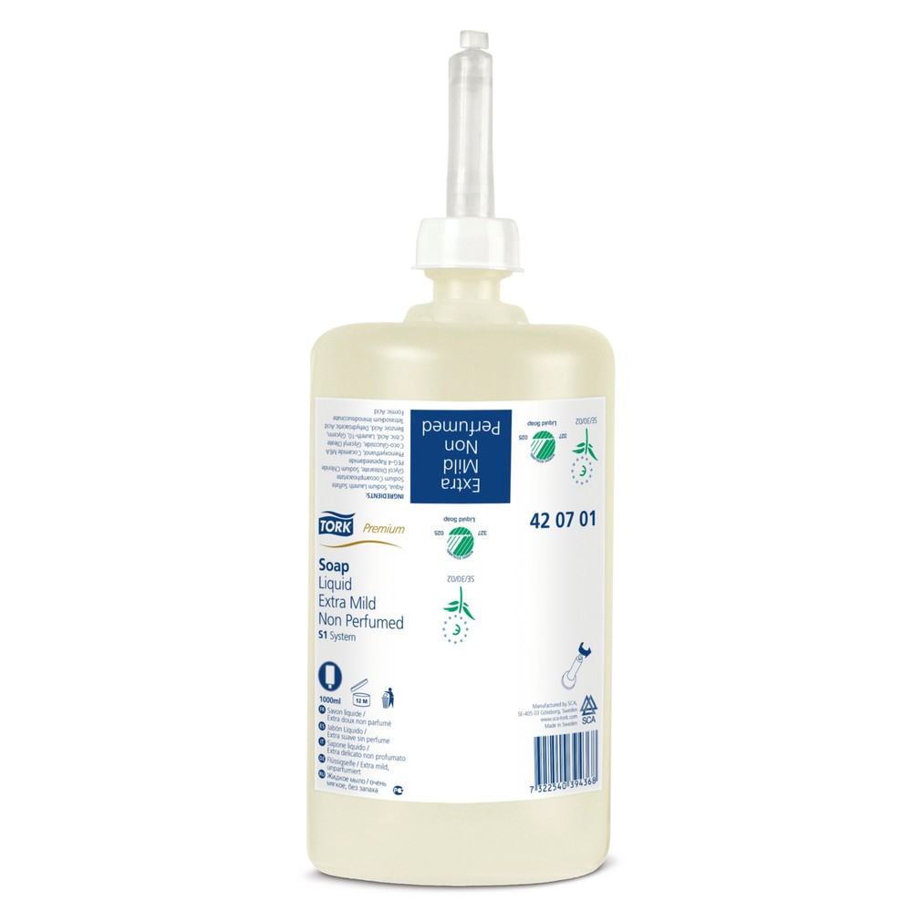 Image of unparfümierte, milde Seife, dermatologisch getestet, hohe Waschkraft, Inhalt 1000 ml, VE=6 FlaschenFlüssigseife TORK® EXTRA MILD, MAXI-Spender Flüssigseife TORK® EXTRA MILD, MAXI-Spender