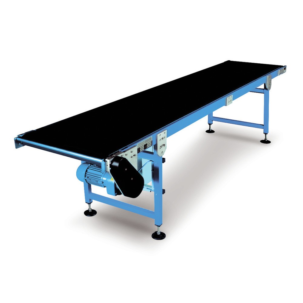 Image of Gleitbandförderer mit gekantetem Bandgerüst Diese Gleitbandförderer sind für den innerbetrieblichen Transport von Stückgütern konzipiert. Sie sind als Einzelkomponenten einsetzbar oder auch als Teil einer grösseren Förderanlage. Dieser Gleitbandförderer h