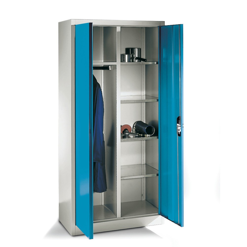 Image of Geräumiger und stabiler Flügeltürenschrank für Garderobe und Werkstatt Garderobenschränke wie dieser bieten Ihnen viel Stauraum für Zivil- und Arbeitskleidung, Schutzausrüstung oder auch Werkzeug und Hilfsmittel. Der Schrank lässt sich mit einem Zylinders