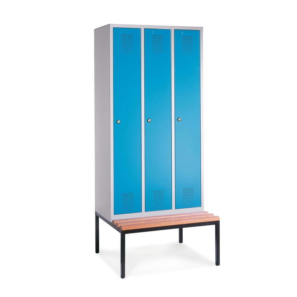 Image of Praktischer Garderobenschrank mit EinzelabteilenGarderobenschrank C+P Evolo mit Sitzbank, 3 Abteile à 300 mm, Zylinderschloss Garderobenschrank C+P Evolo mit Sitzbank, 3 Abteile à 300 mm, Zylinderschloss