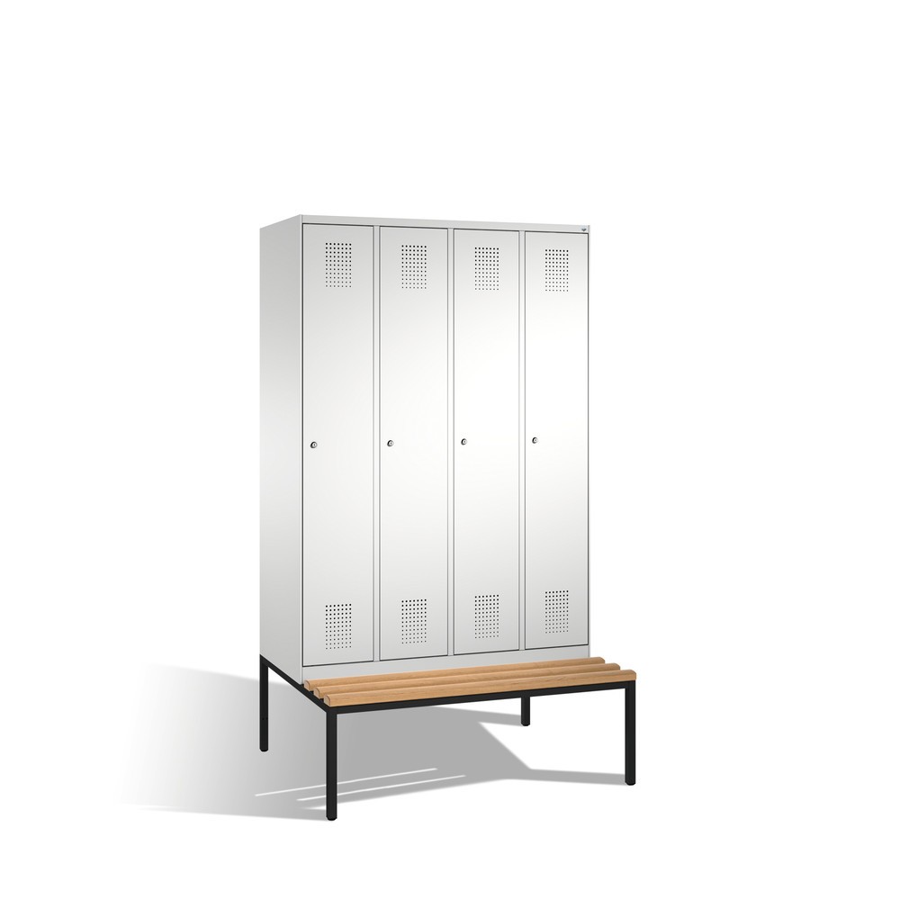 Image of Praktischer Garderobenschrank mit Einzelabteilen Der Garderobenschrank mit Sitzbank C+P Evolo eignet sich optimal für Sozial- oder Umkleideräume. Durch die Einzelabteile kann Kleidung und Wertgegenstände einfach und ordentlich verstaut werden. Dank des Sc