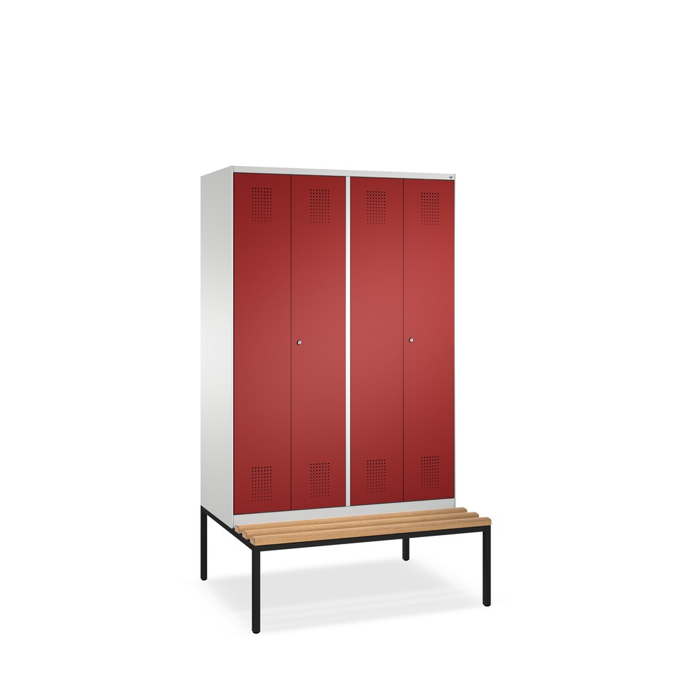 Image of Grosser Garderobenschrank mit Sitzbank Der Garderobenschrank C+P Evolo mit Sitzbank und Doppelabteil ist aus pulverbeschichtetem Stahlblech gefertigt. Der Korpus ist somit besonders robust und langlebig. Die Farbe oder Farbvariante können Sie selbst nach 