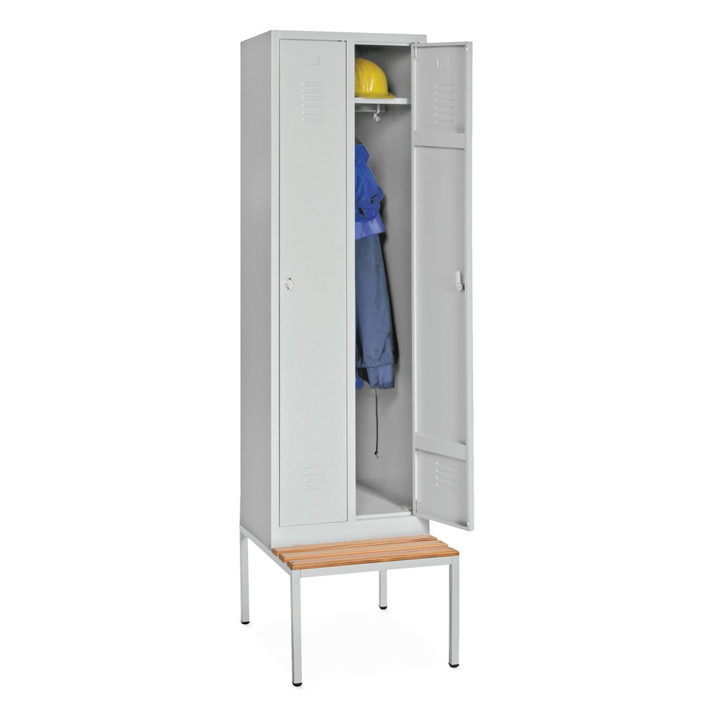 Image of Pulverbeschichteter Garderobenschrank mit Sitzbank BASIC aus Stahlblech Das Einstiegsmodell mit Drehriegelverschluss und verstärkten Türen bietet ausreichend Stauraum für Kleidung und persönliche Gegenstände. Der Schliessfachspind ist mit 2 oder 3 durchge