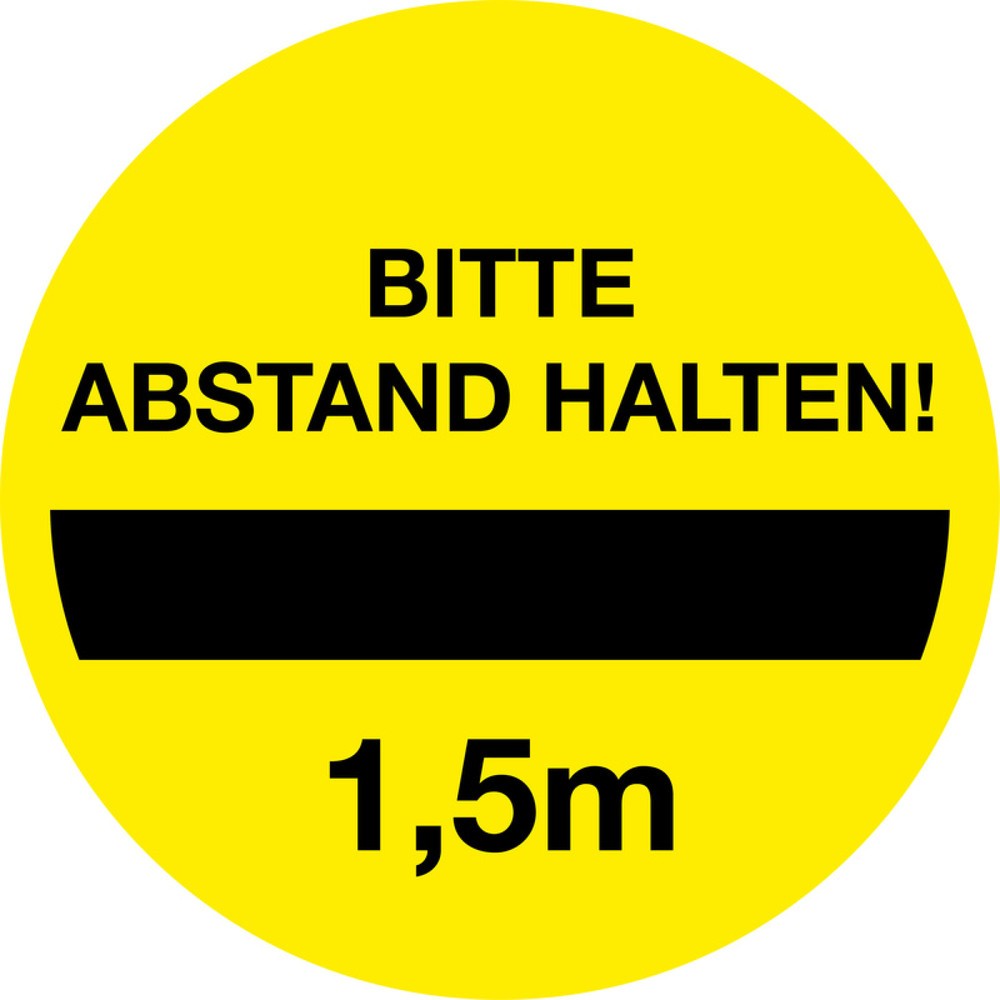 Image of  In verschiedenen Grössen und Stückzahlen erhältlichGebotsschild 'Bitte 1,5 m Abstand halten', Ø 200 mm, PVC-Folie, selbstklebend Gebotsschild 'Bitte 1,5 m Abstand halten', Ø 200 mm, PVC-Folie, selbstklebend