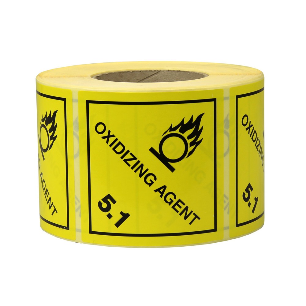 Image of  1.000 Stück je RolleGefahrgut-Etiketten, 100x100mm, aus Papier, gelb, Oxidizing Agent, Kl. 5.1 Gefahrgut-Etiketten, 100x100mm, aus Papier, gelb, Oxidizing Agent, Kl. 5.1