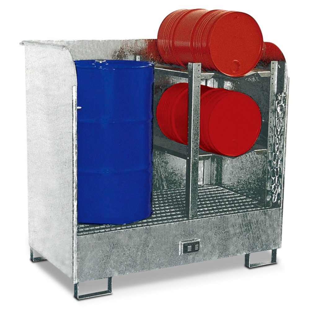 Image of Gefahrstoffe griffbereit und sicher aufbewahren Im kompakten Gefahrstoff-Depot für den Innenbereich, verzinkt bewahren Sie Säuren, Laugen und andere gefährliche Stoffe sicher und variabel auf. Spritzschutzwände und Sicherungskette beugen Gefahrstoff-Unfäl