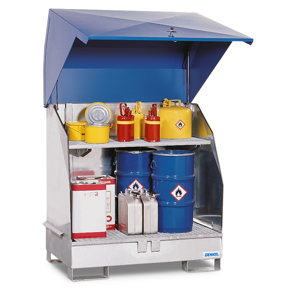 Image of Entzündbare und gewässergefährdende Flüssigkeiten gesetzeskonform lagern: in der Gefahrstoff-Station 2 GST-KS mit Regal Bei der Aufbewahrung von aggressiven Chemikalien auf Sicherheit setzen: mit dem Gefahrstofflager 2 GST-KS inkl. Regal, zugelassen nach 