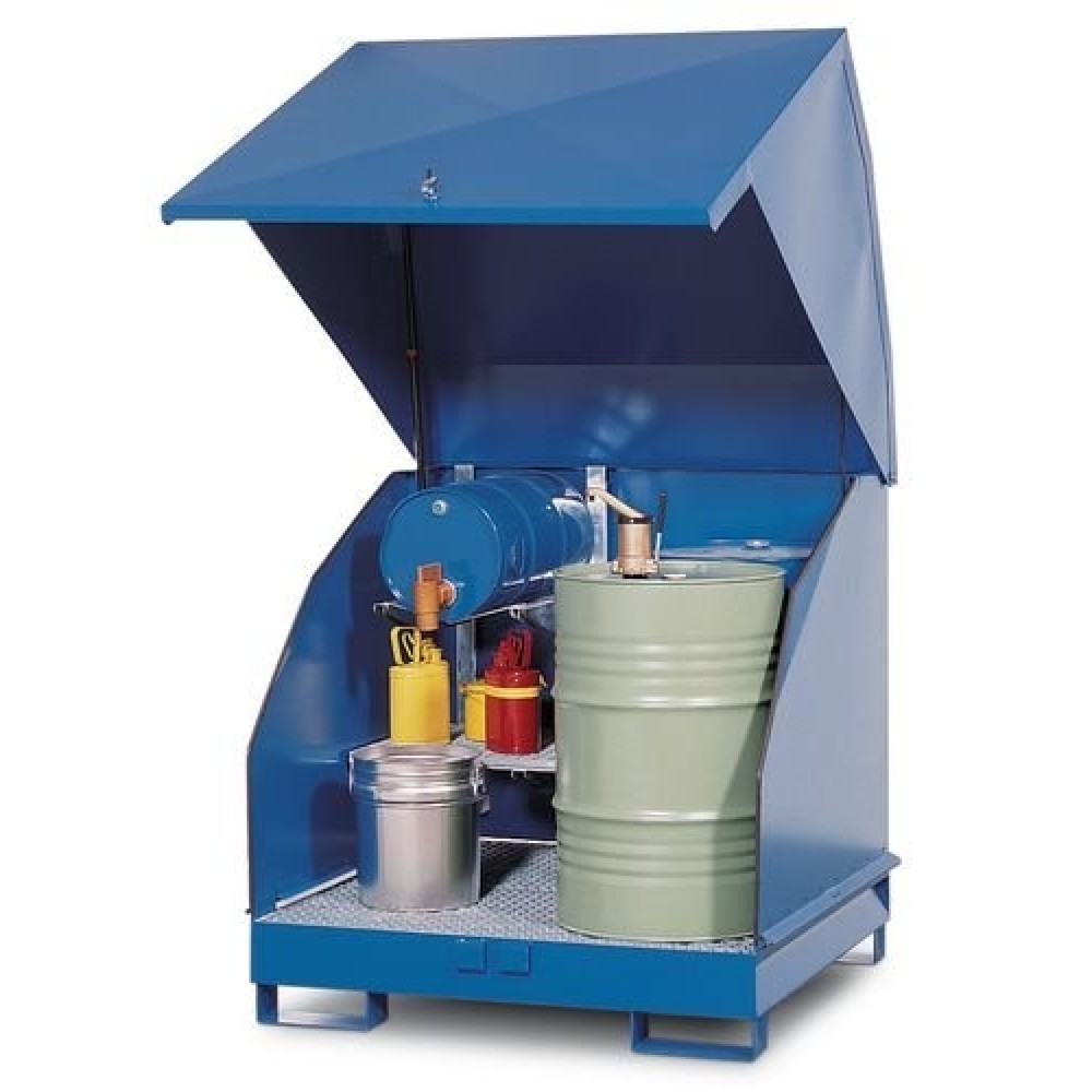 Image of Entzündbare und gewässergefährdende Flüssigkeiten gesetzeskonform lagern: in der Gefahrstoffstation 4 GST-KS Stahl inkl. Regal Bei der Aufbewahrung von aggressiven Chemikalien auf Sicherheit setzen: mit dem Gefahrstofflager 4 GST-KS Stahl inkl. Regal, zug