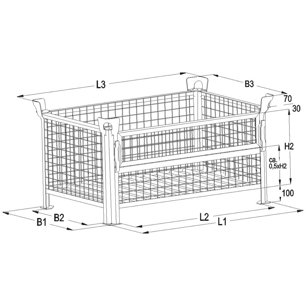 Image of Die Gitterbox HESON®: stapelbar und mit praktischer Gitterklappe Für den Einsatz in der Produktion und im Lager geeignet sind stapelbare Gitterboxen. Das verschweisste Gitter erlaubt Ihnen die Durchsicht auf Material und Befüllungsstand. Die robuste Stahl