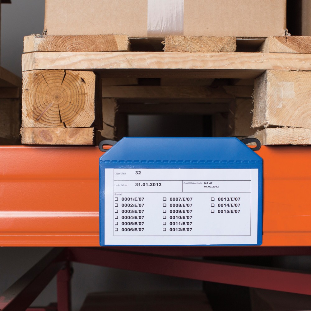 Image of Gitterboxen-Dokumententasche – für einen sicheren Halt beim Transport Gitterboxtaschen sind ideal für den betriebsinternen Materialfluss geeignet. Einmal befestigt, bleiben die stabilen Dokumententaschen dauerhaft an den Gitterboxen. Sie tauschen bei Beda