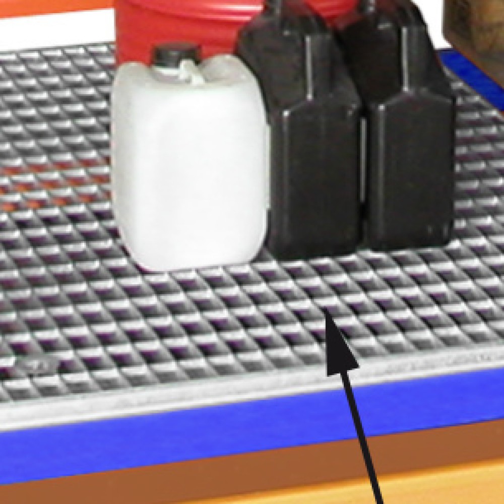 Image of Verzinkte Gitterroste für Auffangwannen in einem Palettenregal Dieser Gitterostboden eignet sich für Palettenregale mit Auffangwanne und besitzt eine Tragfähigkeit von 1000 kg/m². Gefertigt ist der Gitterrost aus Stahl. Für einen optimalen Oberflächenschu