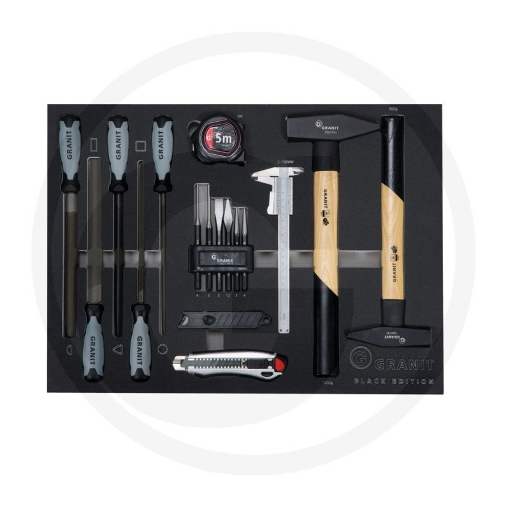 Image of  Dreikant-Feile, Form C, 200 mmGRANIT BLACK EDITION Einlagen-Set Hammer, Feilen und Zubehör, 26-tlg. GRANIT BLACK EDITION Einlagen-Set Hammer, Feilen und Zubehör, 26-tlg.