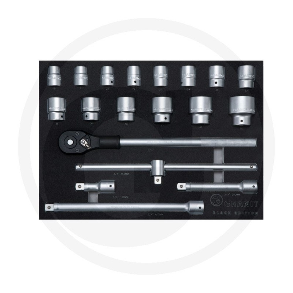 Image of  3/4"-Sechskant-Stecknüsse, kurz, 19/21/22/24/27/29/30/32/35/36/38/41/46/50 mmGRANIT BLACK EDITION Einlagen-Set Steckschlüssel 3/4", 19-tlg. GRANIT BLACK EDITION Einlagen-Set Steckschlüssel 3/4", 19-tlg.