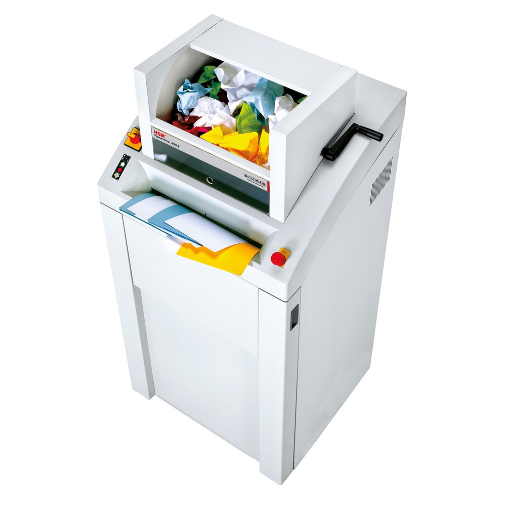 Image of Effektive Datenvernichtung auf kleinstem Raum Der Gross-Aktenvernichter HSM Powerline 450.2 bietet Ihnen hohe Leistungsfähigkeit beim Vernichten sensibler Daten auf Papier, Datenträgern oder Kreditkarten. Die induktionsgehärteten Vollstahl-Schneidewellen 
