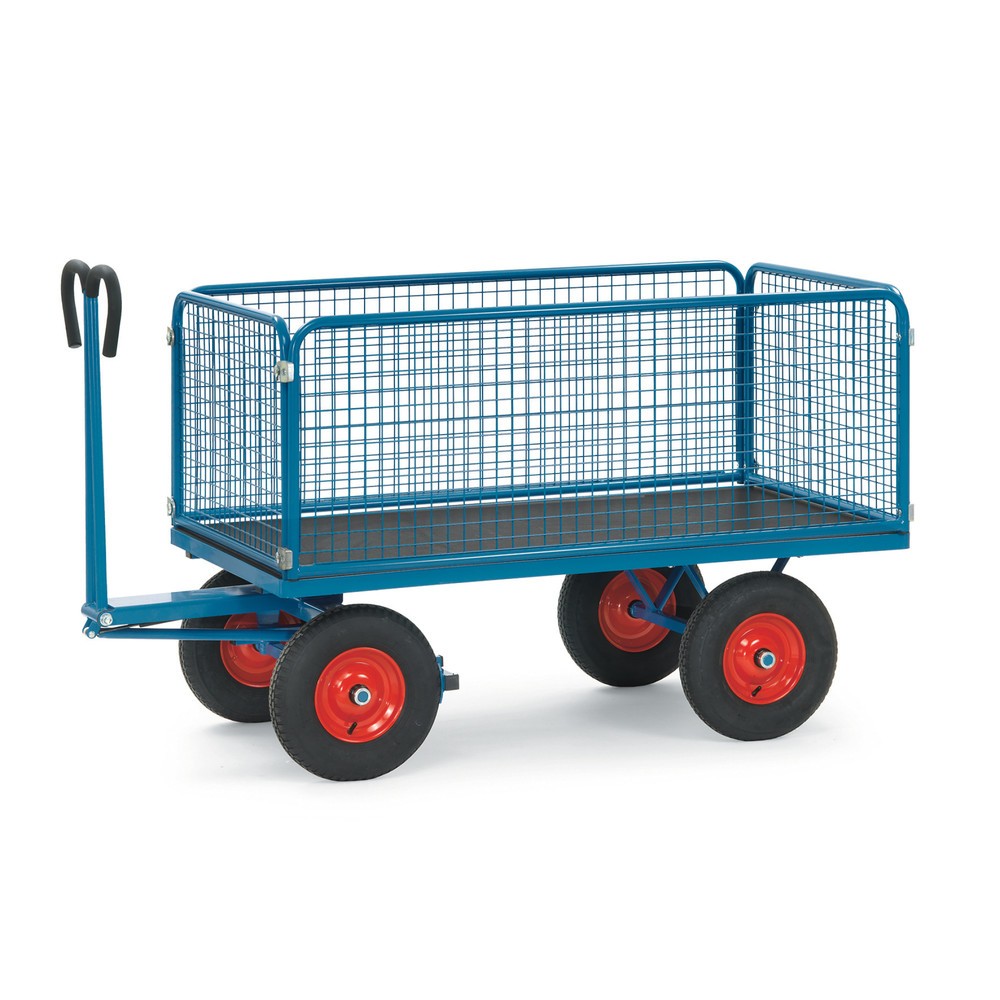 Image of Flexibel einsetzbarer Handpritschenwagen von fetra® mit 4 Drahtgitterwänden Dieser Gitterwagen ist eine enorme Hilfe, wenn es um den Transport schwerer Lasten geht. Die Naben mit Rollenlager an den luft- oder vollgummibereiften Rädern verringern den Rollw
