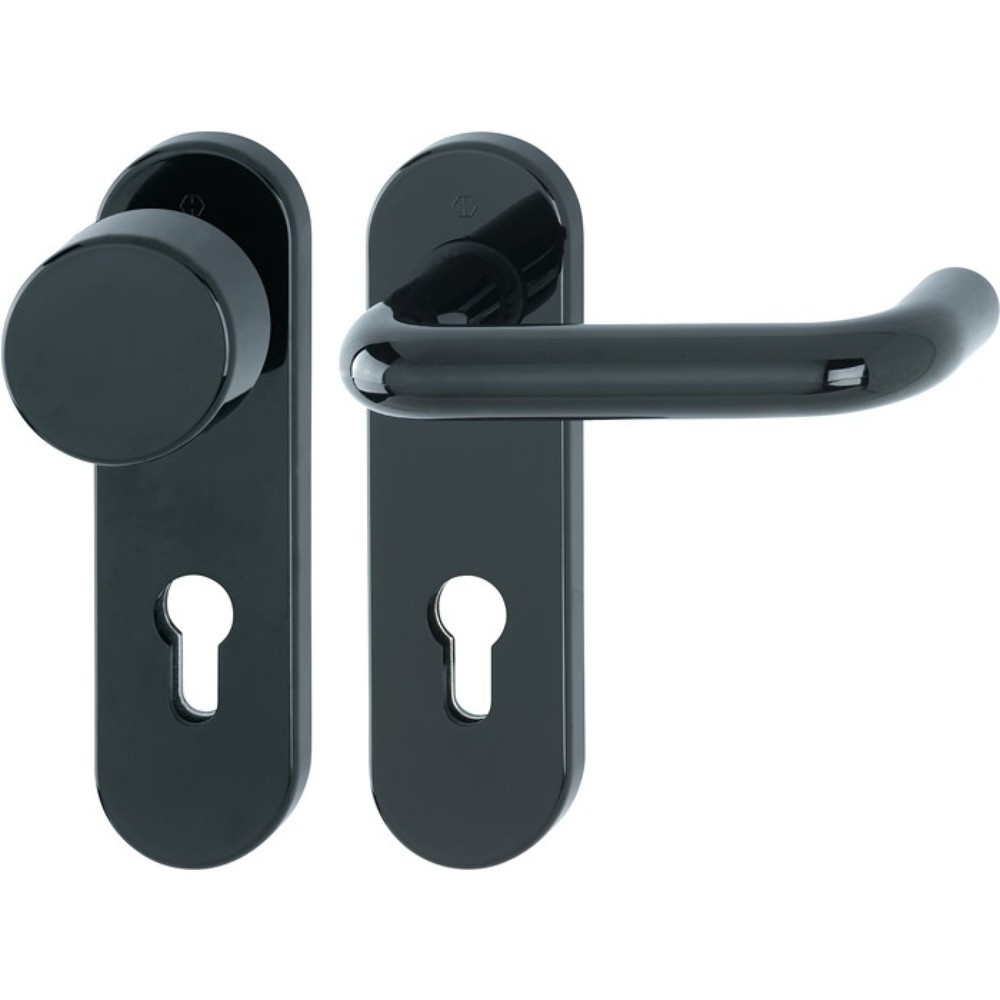 Image of  Vierkant: 9mmHOPPE Feuerschutzgarnitur Paris FS-K58/353K/138, für Türstärke 40-66 mm PZ abgerundet, Kunststoff F9005 D/K, DIN links / rechts HOPPE Feuerschutzgarnitur Paris FS-K58/353K/138, für Türstärke 40-66 mm PZ abgerundet, Kunststoff F9005 D/K, DIN 