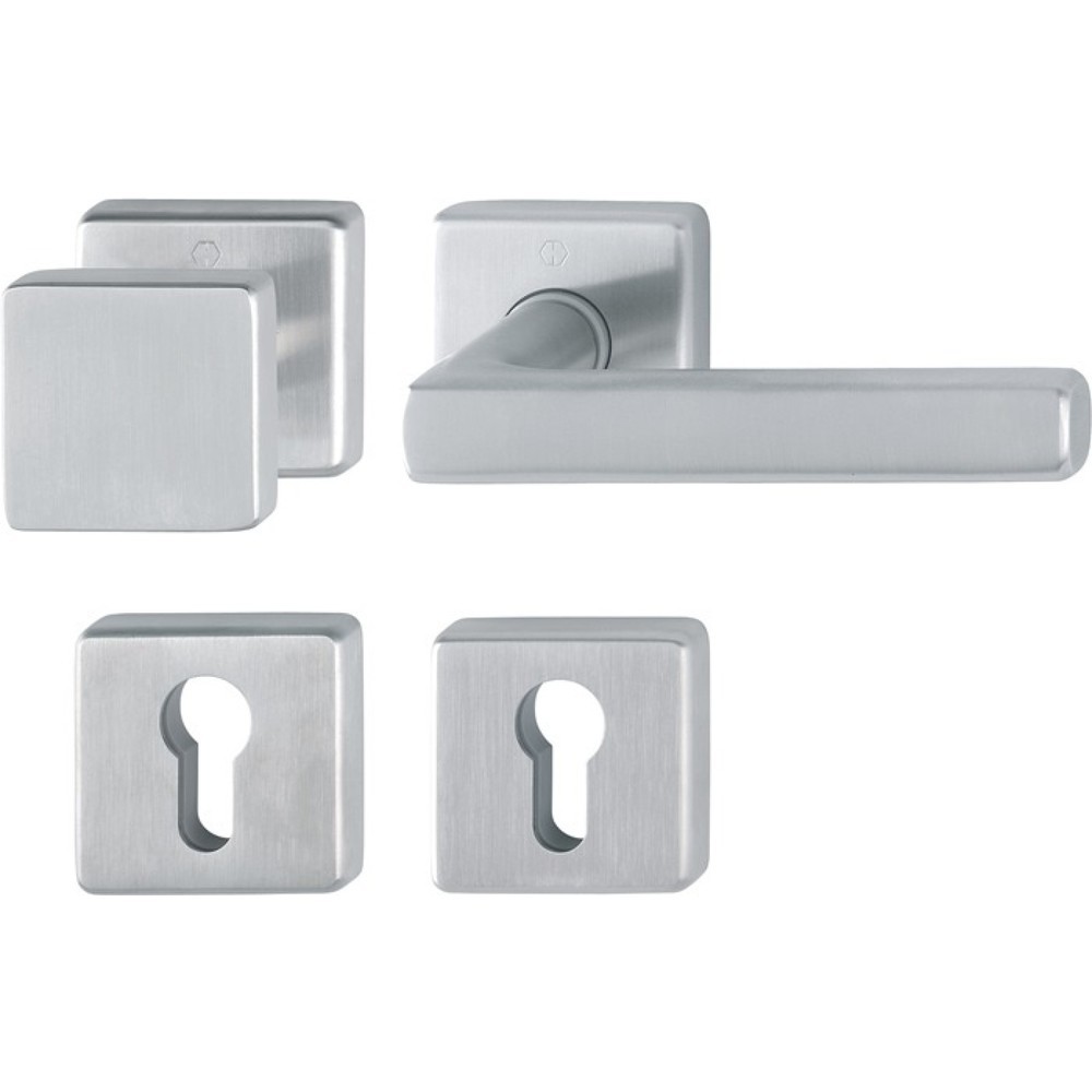 Image of  Norm: DIN 1906HOPPE Rosettengarnitur Dallas E43L/52KV/52KVS/1643Z, eckig PZ, Edelstahl F69, DIN links / rechts flach D/K HOPPE Rosettengarnitur Dallas E43L/52KV/52KVS/1643Z, eckig PZ, Edelstahl F69, DIN links / rechts flach D/K