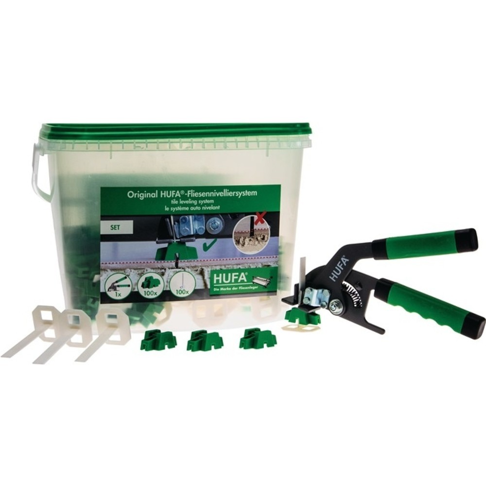 Image of  Inhalt: 100 Stück Zugkappen, 100 Stück Zuglaschen, 1 Stück NivellierzangeHUFA Nivelliersystem Starterset HUFA, mit Nivellierzange HUFA Nivelliersystem Starterset HUFA, mit Nivellierzange