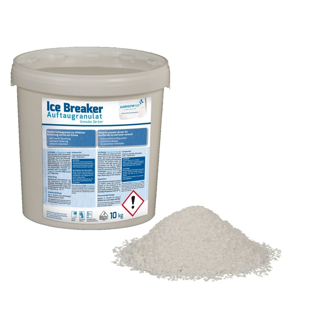 Image of Auftaugranulat mit Eisbrecher-Qualitäten Mit dem Ice Breaker Auftaugranulat entfernen Sie Schnee und Eis schnell und effektiv bis zu einer Einsatztemperatur von -50 °C: Das Taumittel gibt beim Tau- und Lösungsvorgang Wärme ab und sorgt damit für eine sehr