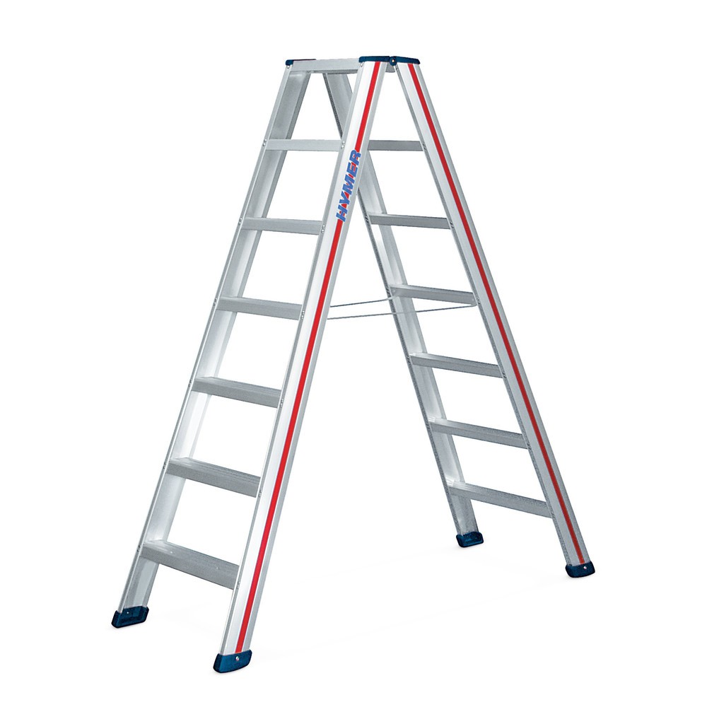 Image of Die Industrie-Stufenleiter HYMER Premium – eine stabil konstruierte Lösung für den Alltagsgebrauch Komfortabel für Betriebe, deren Mitarbeiter in grossen Werkhallen schnell an Waren gelangen müssen: Mit der witterungsbeständigen Stufenstehleiter HYMER Pre