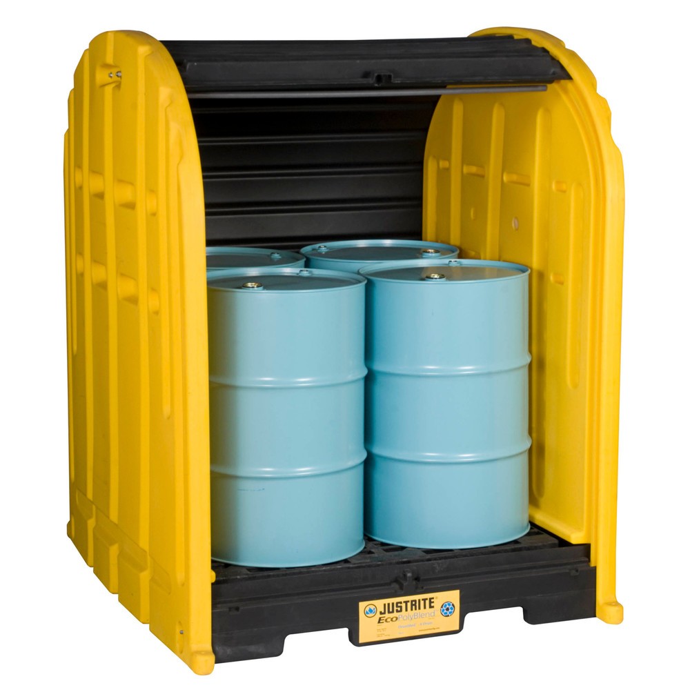 Image of Hochbeständiger Fass-Container mit Rolltoren für den Aussenbereich Mit dem Justrite Fassdepot mit Rolltoren lagern Sie Ihre 200-l-Fässer sicher und gut zugänglich im Aussenbereich. Gefertigt aus umweltfreundlichem, 50 % recyceltem Polyethylen (PE), bewahr