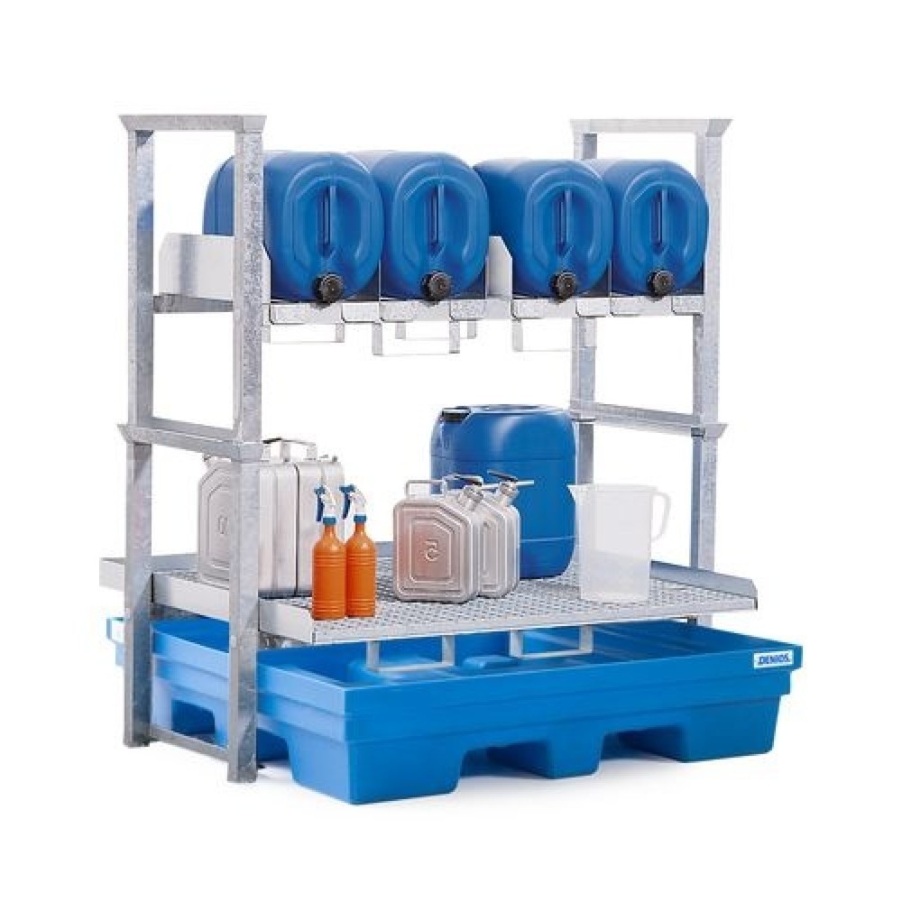 Image of  1 Lagerebene mit verzinkten Führungsschienen und 1 verzinktes GitterrostKanister- und Kleingebinderegal AWK 4, inkl. 225-l-Auffangwanne Kanister- und Kleingebinderegal AWK 4, inkl. 225-l-Auffangwanne