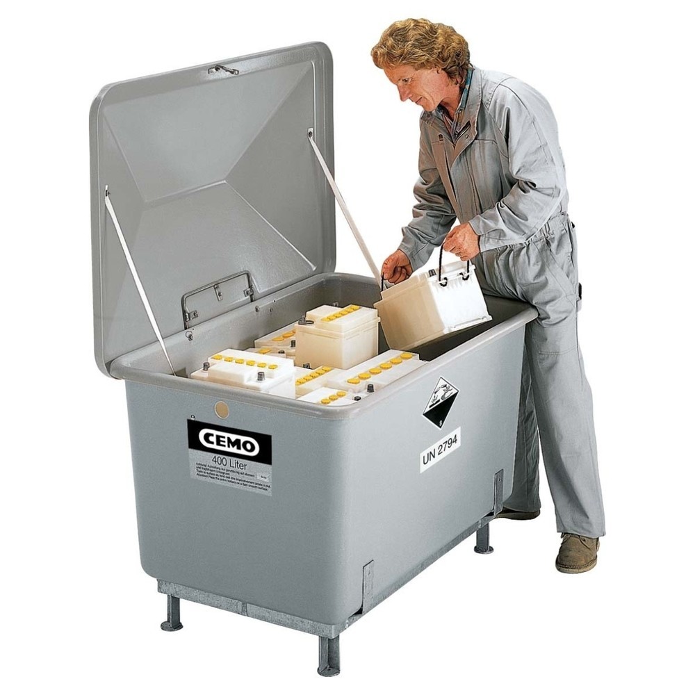 Image of Transportfähige Batterie-Sammelbox mit ADR-Zulassung Mit dem Kfz-Altbatterie-Sammelbehälter CEMO lagern Sie alte Kfz-Batterien fachgerecht: Umweltgefährdende Schwermetalle können später wiedergewonnen und recycelt werden. Zugelassen für den Transport nach