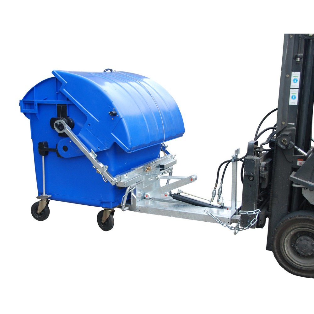 Image of Hydraulisches Stapler-Kippgerät für Müllgrossbehälter (1.100 l mit 4 Rädern) Mit dem Kippomat KM kippen Sie Müllgrossbehälter mit 1.100 l Volumen und 4 Rädern nach DIN EN 840-3.2 bequem via Staplerhydraulik ab (mind. 130 bar). Er besteht aus einem stabile