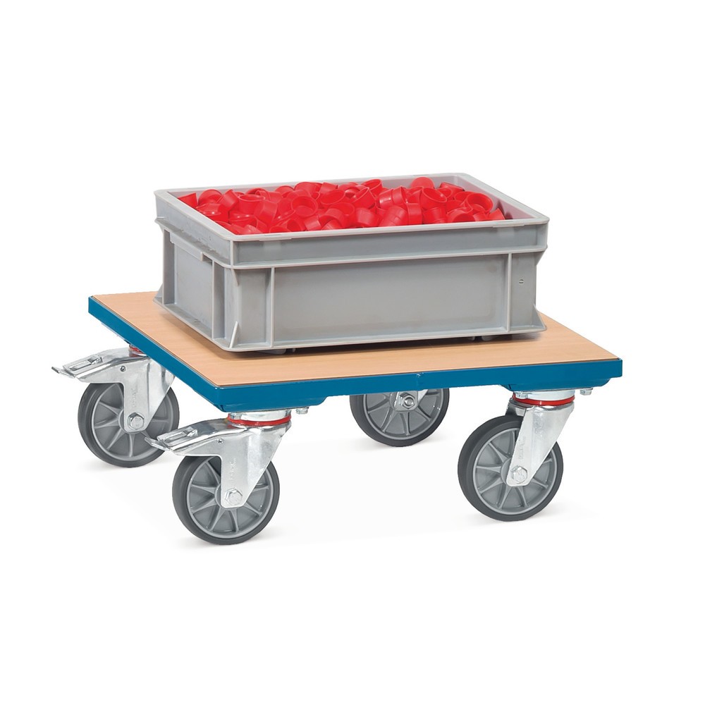 Image of Der Kistenroller fetra® mit Holzplattform – für den einfachen Transport mehrerer Kästen gleichzeitig Wer beim Transport von Kleinteilen und Werkzeugen so viel Ladung wie möglich mitnehmen will, wird an diesem Transportroller Gefallen finden. Die TPE-Rolle