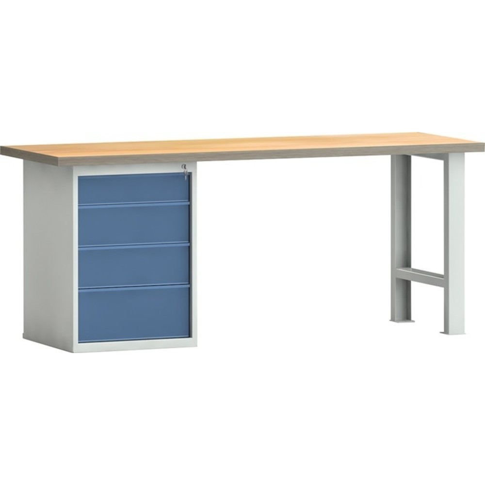 Image of  Anzahl Schubladen x Höhe: 1 x 125, 2 x 150, 1 x 225mmKLW-LUTZ Betriebseinrichtungen Werkbank PW 700, lichtgrau, RAL 7035, B2000xT700xH840mm Buche Multiplex, brillantblau, RAL 5007 4 Schubl. KLW-LUTZ Betriebseinrichtungen Werkbank PW 700, lichtgrau, RAL 7