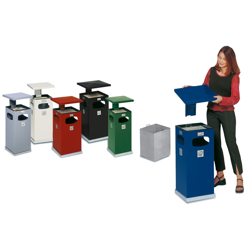 Image of Kombiascher VAR®, mit Dach – für ein sauberes Betriebsgelände Sie erhalten den Aschenbecher zur Outdoor-Nutzung in 2 Grössen: mit den Massen 910 x 395 x 395 mm (H x B x T) und einem Füllvolumen von 38 l und mit 955 x 500 x 500 (H x B x T) und einem Füllvo