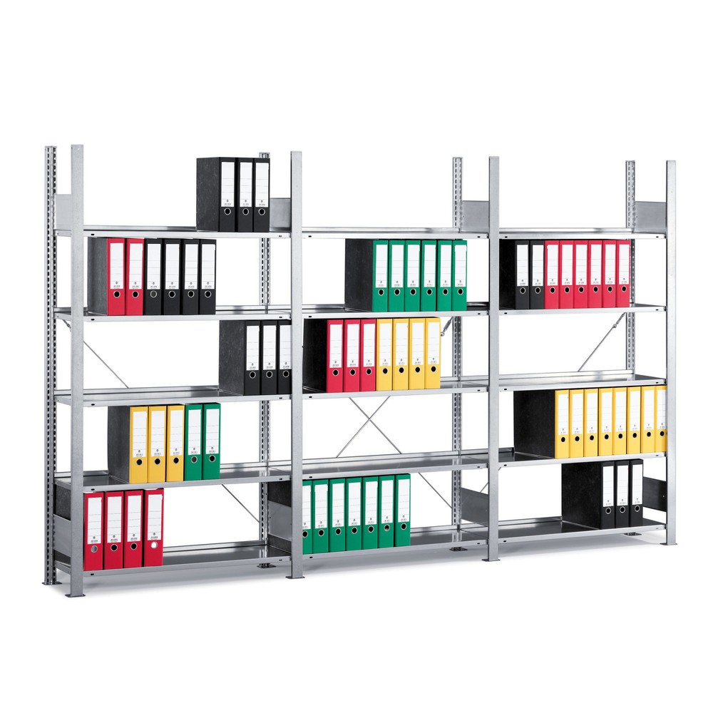 Image of Für die Aufbewahrung von Akten, Ordnern und Unterlagen Das Komplettpaket Aktenregal META, einseitig, ohne Abdeckboden, Fachlast 80 kg überzeugt mit seiner soliden Stahlbauweise und ist zum dauerhaften Korrosionsschutz verzinkt. Das Komplettpaket besteht a