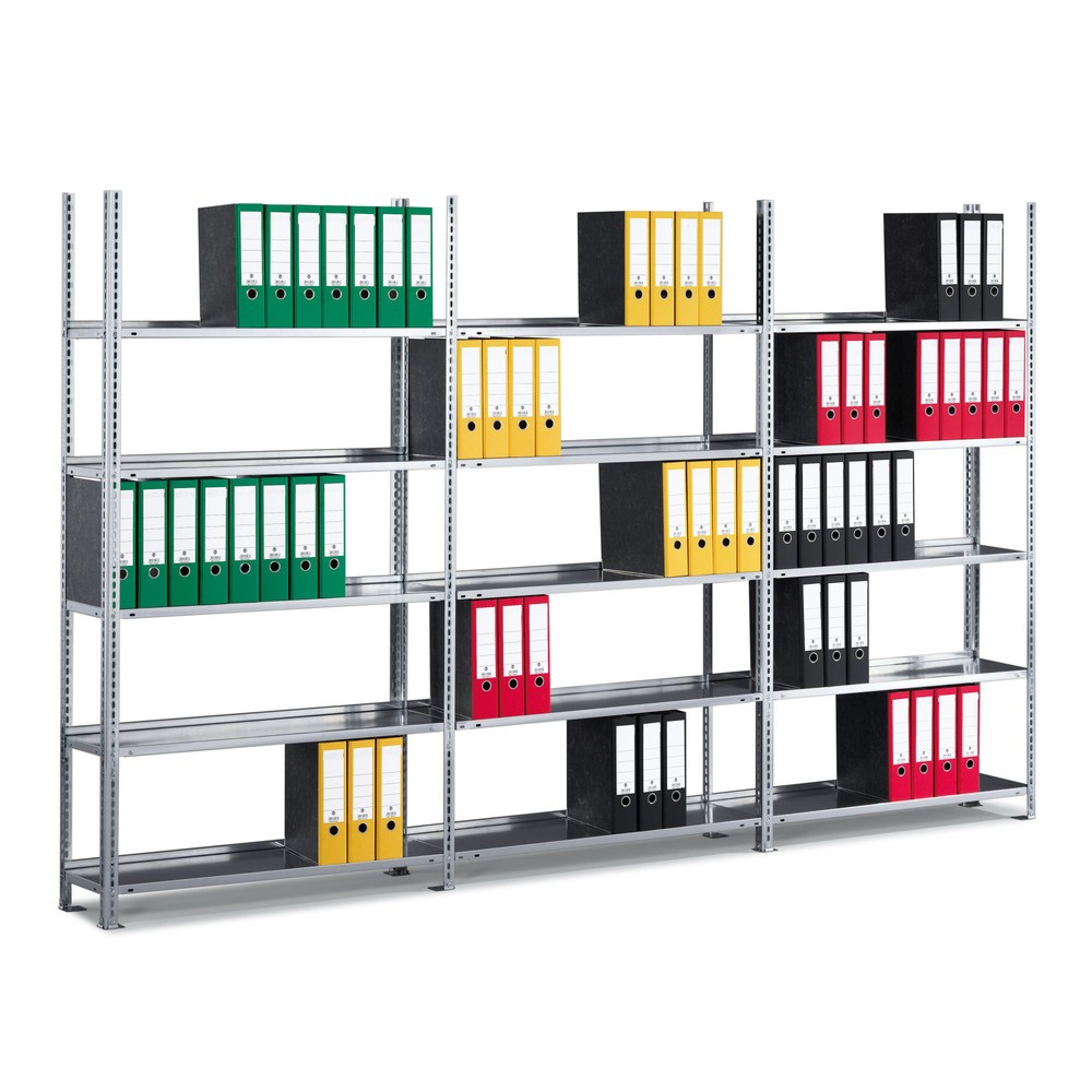 Image of Modulares Archivierungssystem Das Komplettpaket Aktenregal META, einseitig, ohne Abdeckboden, verzinkt überzeugt mit seiner soliden Stahlbauweise und ist zum dauerhaften Schutz vor Korrosionsschutz verzinkt. Das Komplettpaket besteht aus einem Grundfeld s