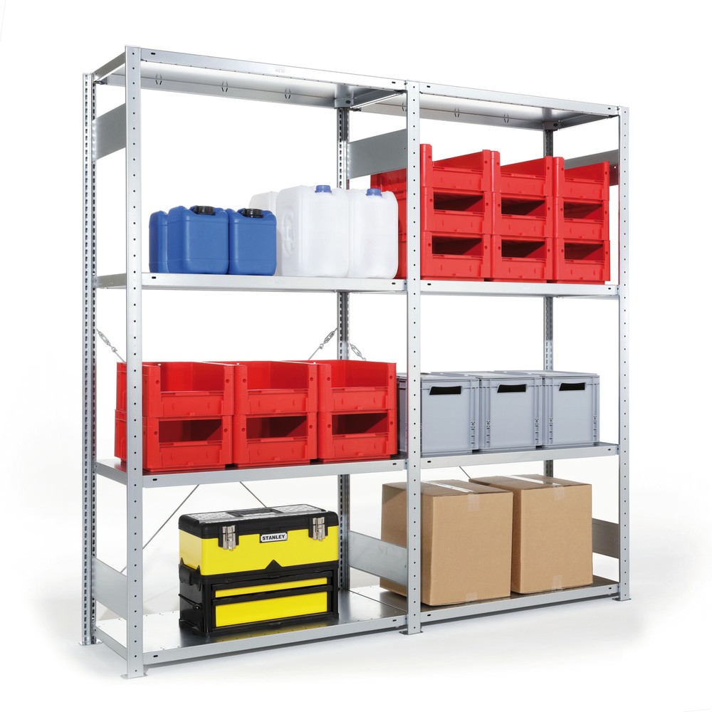 Image of Optimaler Stauraum zur Lagerung von Kleinteilen Das Komplettpaket Fachbodenregal META CLIP S3, Stecksystem, Fachlast 100 kg, verzinkt besteht aus 1 Grund- und 1 Anbaufeld und bietet insgesamt 8 Fachböden zur Lagerung Ihrer Güter. Das Fachbodenregal ist au